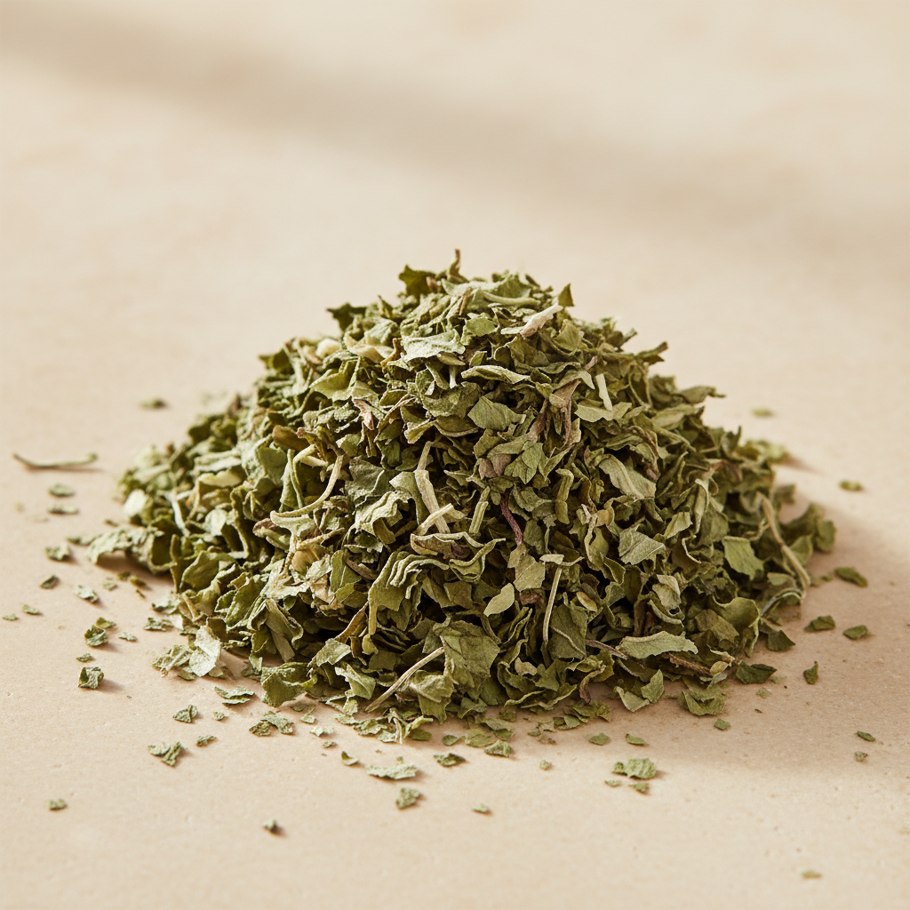 Organic dried peppermint leaf cut into curled green flakes on warm ivory stone