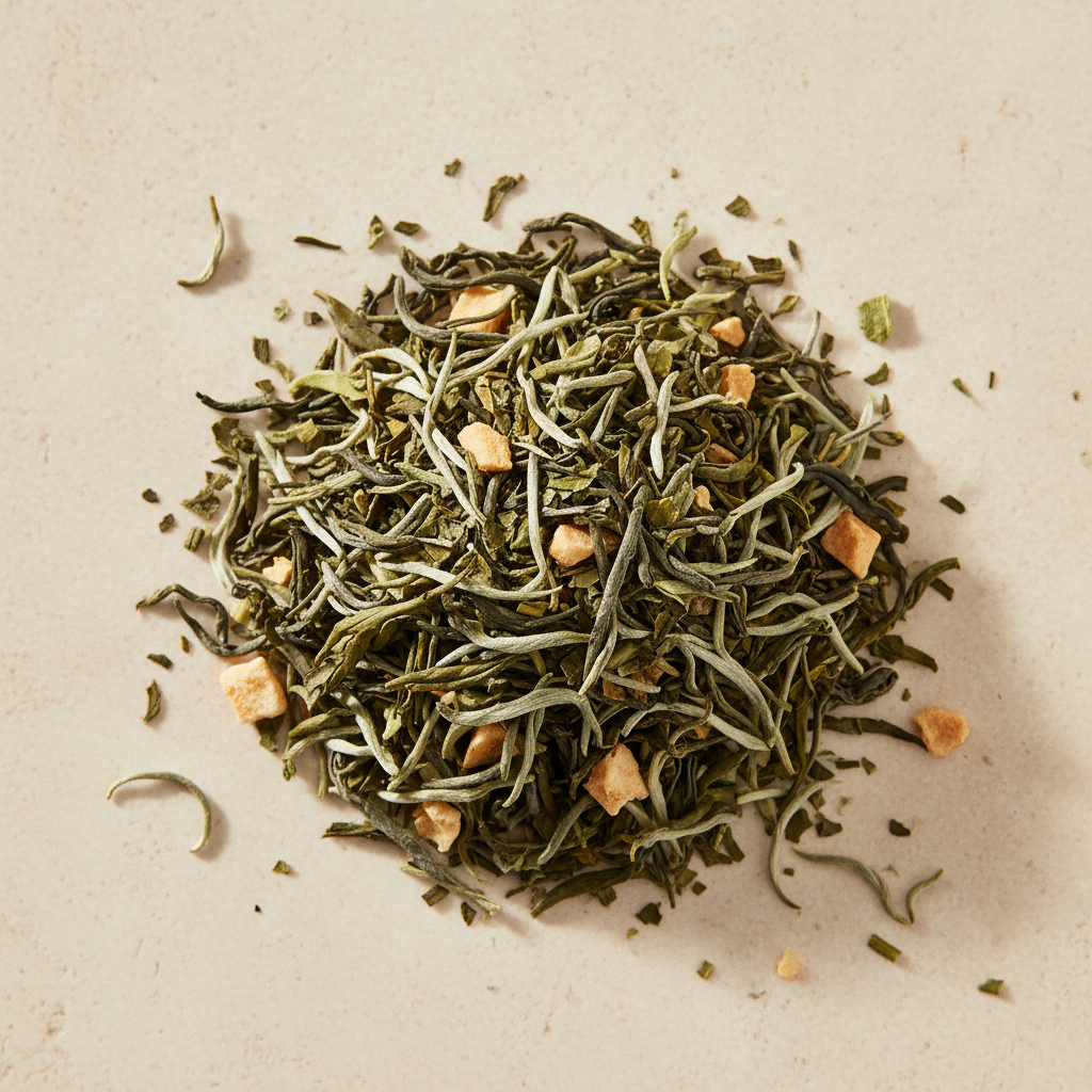 Pear Pressure loose-leaf blend with jasmine green tea, white tea, dried pear and lemon verbena