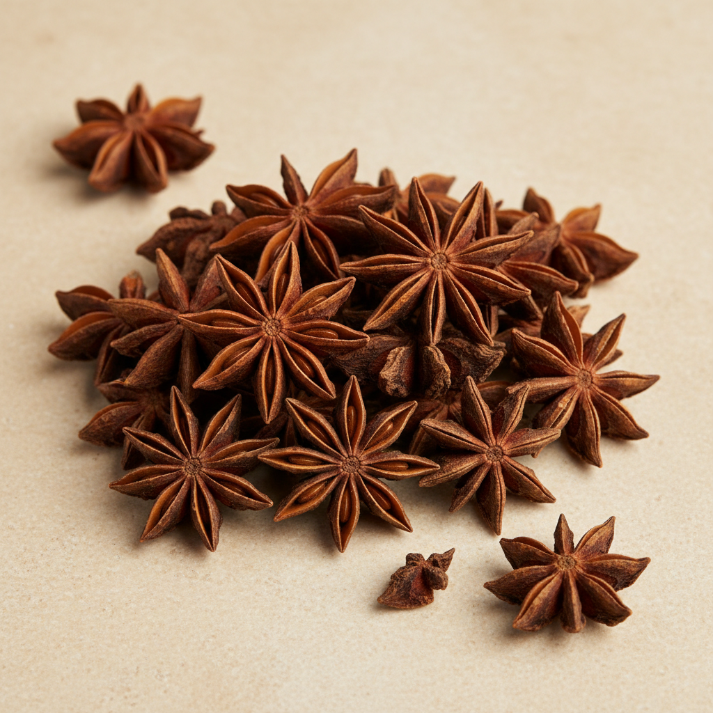Whole dried star anise pods with warm brown woody points and visible seeds on ivory stone