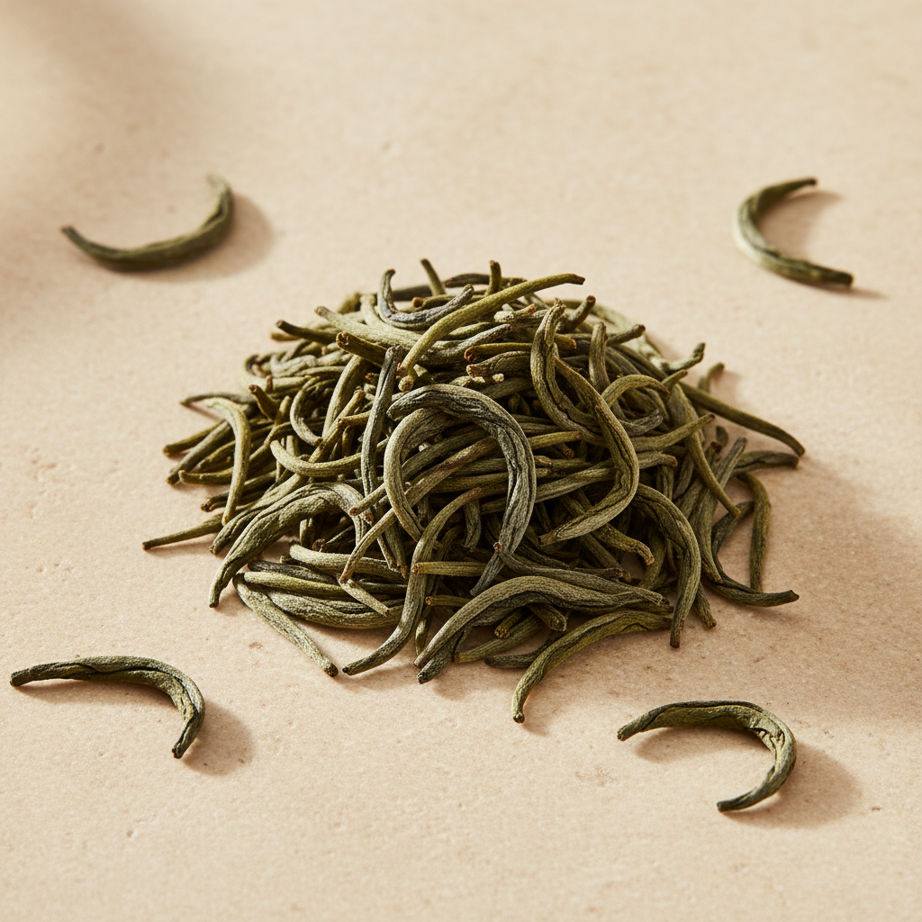 Organic Chunmee green tea with slender curved eyebrow-shaped loose leaves