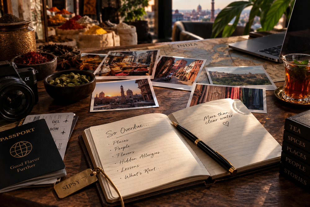 Open travel journal surrounded by photographs, spices, tea and a camera overlooking an Indian city and spice market.