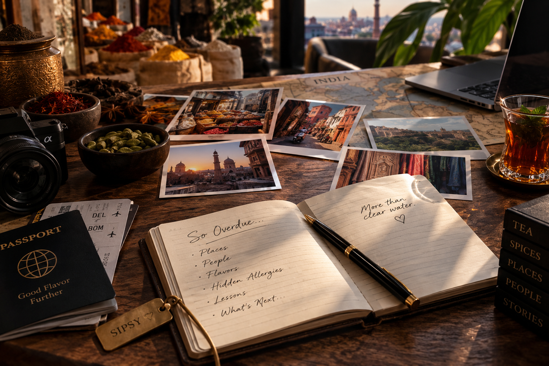 Open travel journal surrounded by photographs, spices, tea and a camera overlooking an Indian city and spice market.