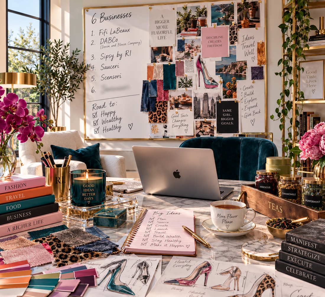 Bright home office with a 2016 vision board featuring six business ideas, including Sipsy by RI, Fifi LaBeaux, DABCo, Sauceri and Scensori, surrounded by fashion sketches, fabric swatches, tea and creative inspiration.