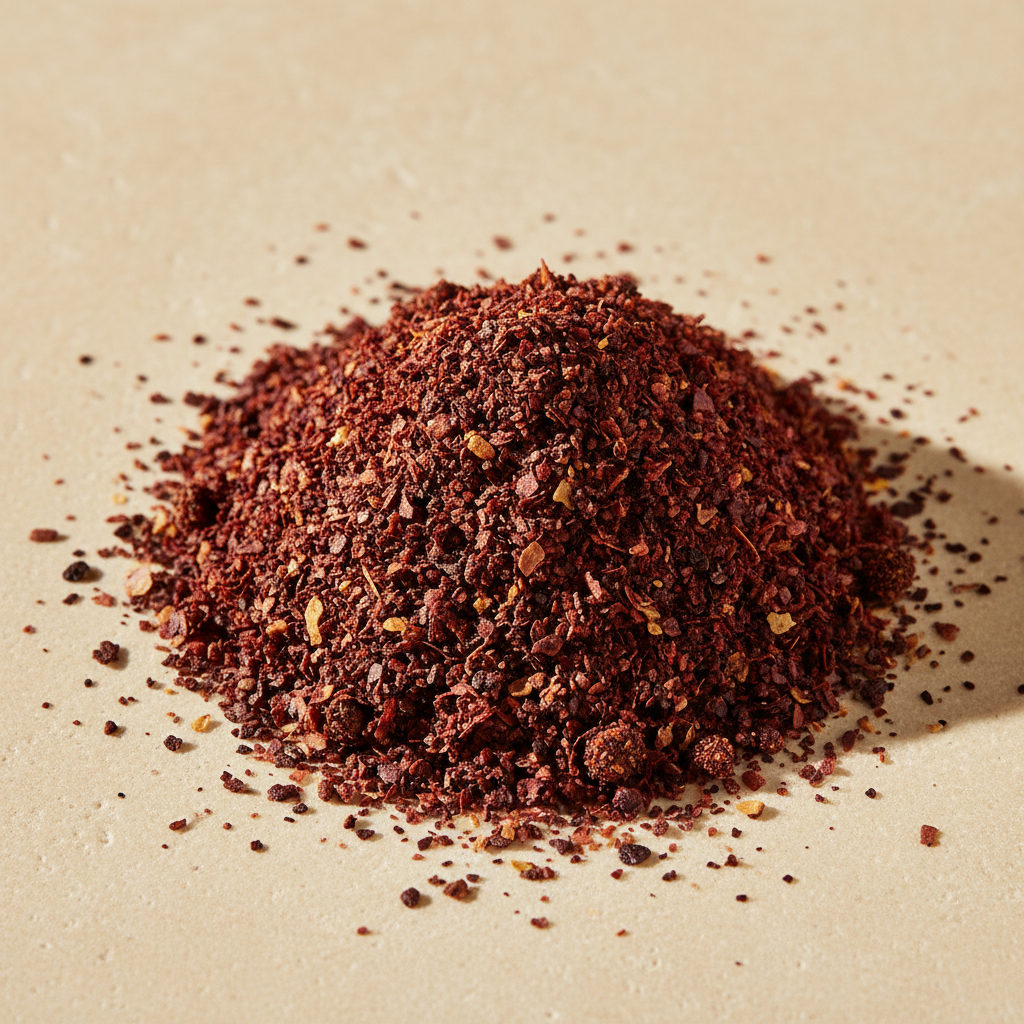 Coarse ground sumac berries with deep burgundy, crimson and rusty-red granules