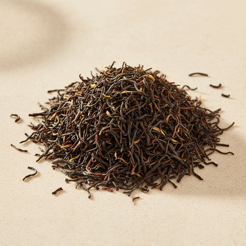 Loose Assam black tea with dark twisted leaves and scattered golden tips