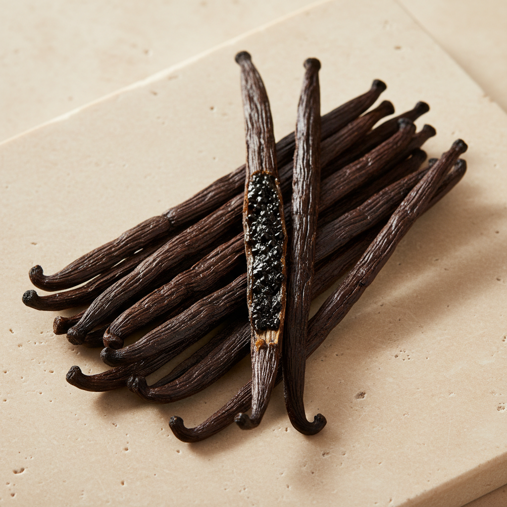 Grade A Ugandan vanilla bean pods with one split to reveal the seeds