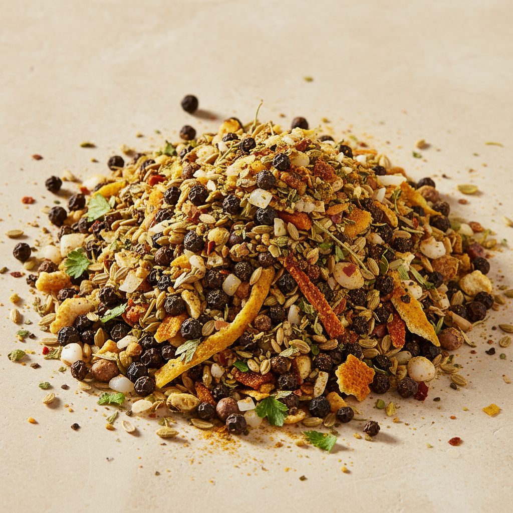 Coarse salt-free lemon pepper blend with black pepper, citrus peel, herbs and rosehips