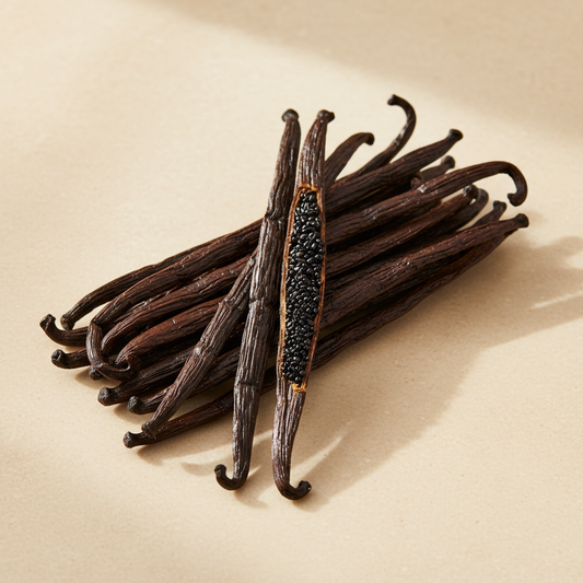 Grade A Madagascar Bourbon vanilla bean pods with one split to reveal the seeds