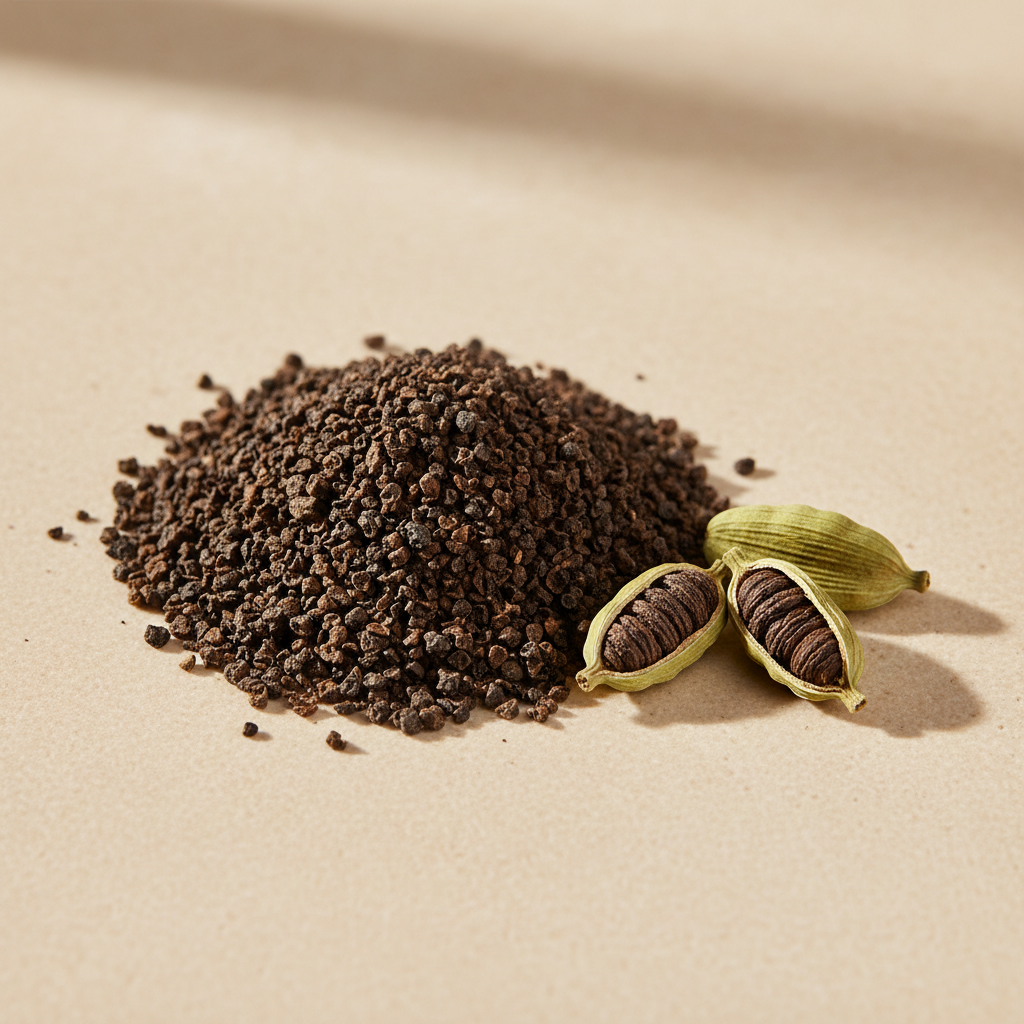 Loose dark cardamom seeds beside split green cardamom pods on warm ivory stone
