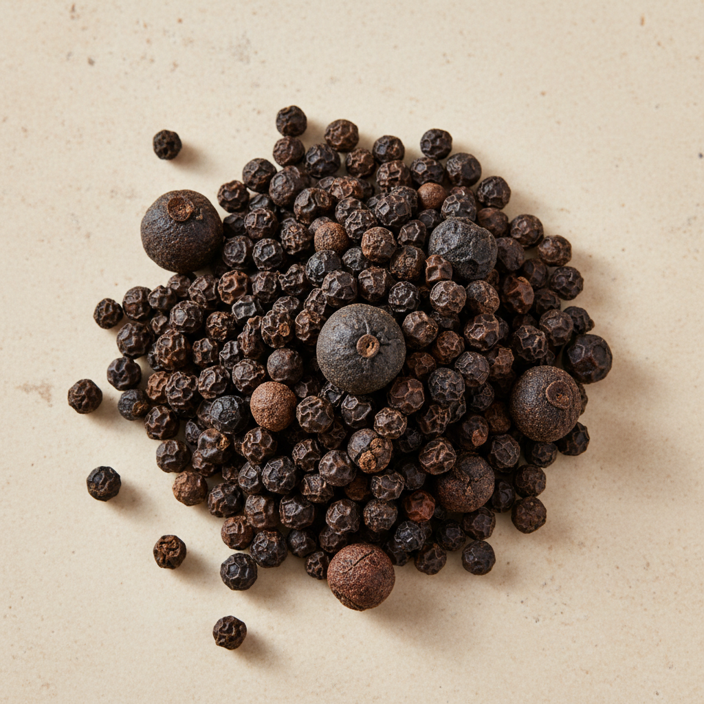 Whole Tellicherry black peppercorns with wrinkled near-black and deep brown skins