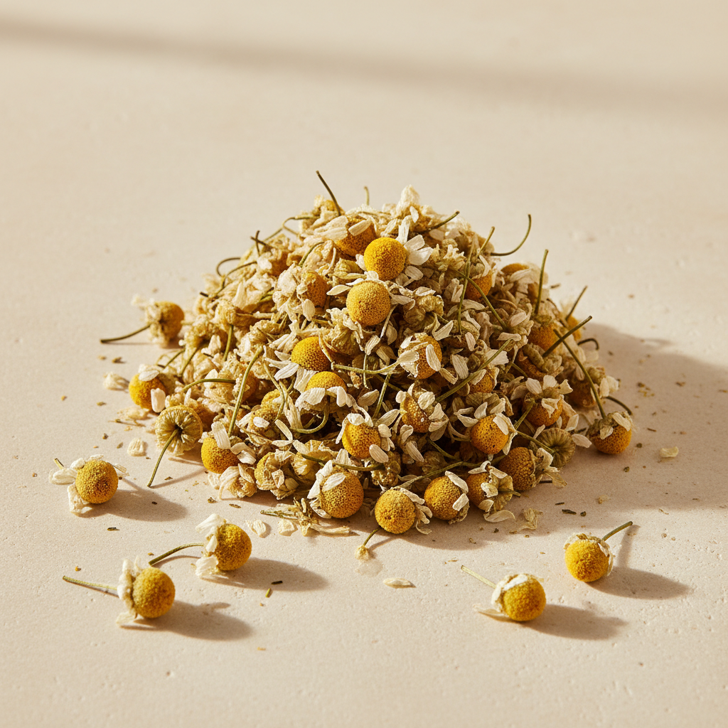 Whole dried chamomile flowers with golden centers and cream petals on warm ivory stone