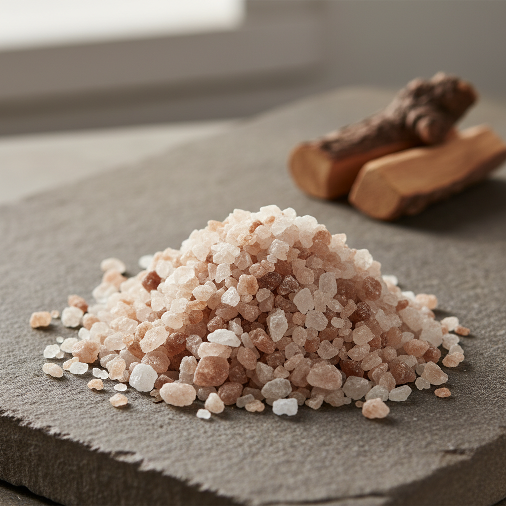 Coarse hickory smoked sea salt crystals on a dark stone surface