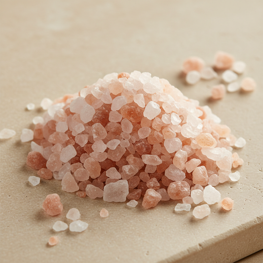 Coarse Himalayan pink salt with blush, salmon, white and rose-colored crystals