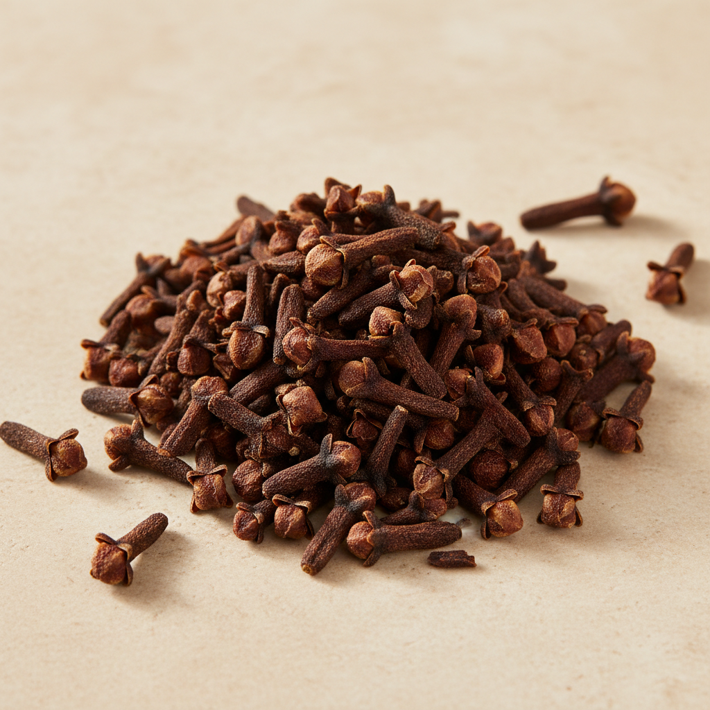 Organic whole cloves with dark brown stems and rounded flower buds on warm ivory stone