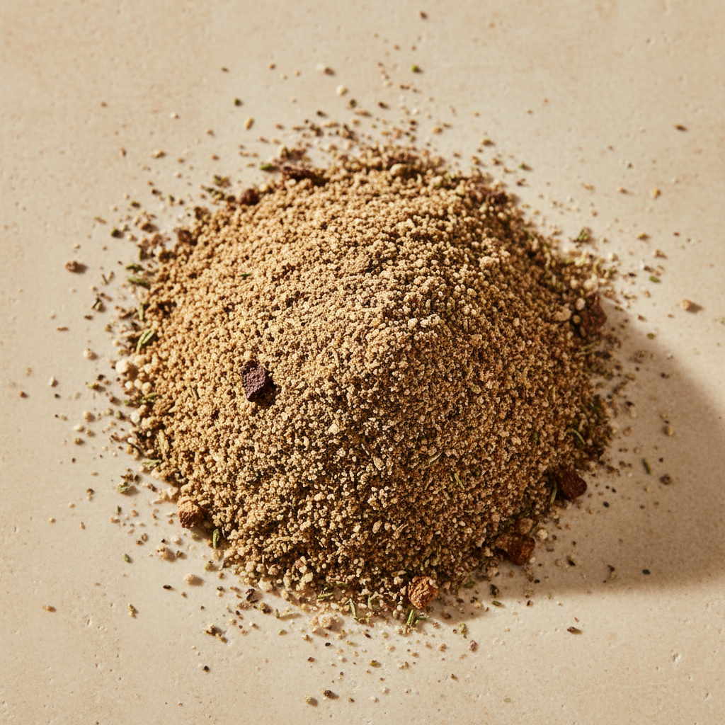 Dry porcini mushroom gravy mix with warm brown powder, mushroom pieces and herb flecks