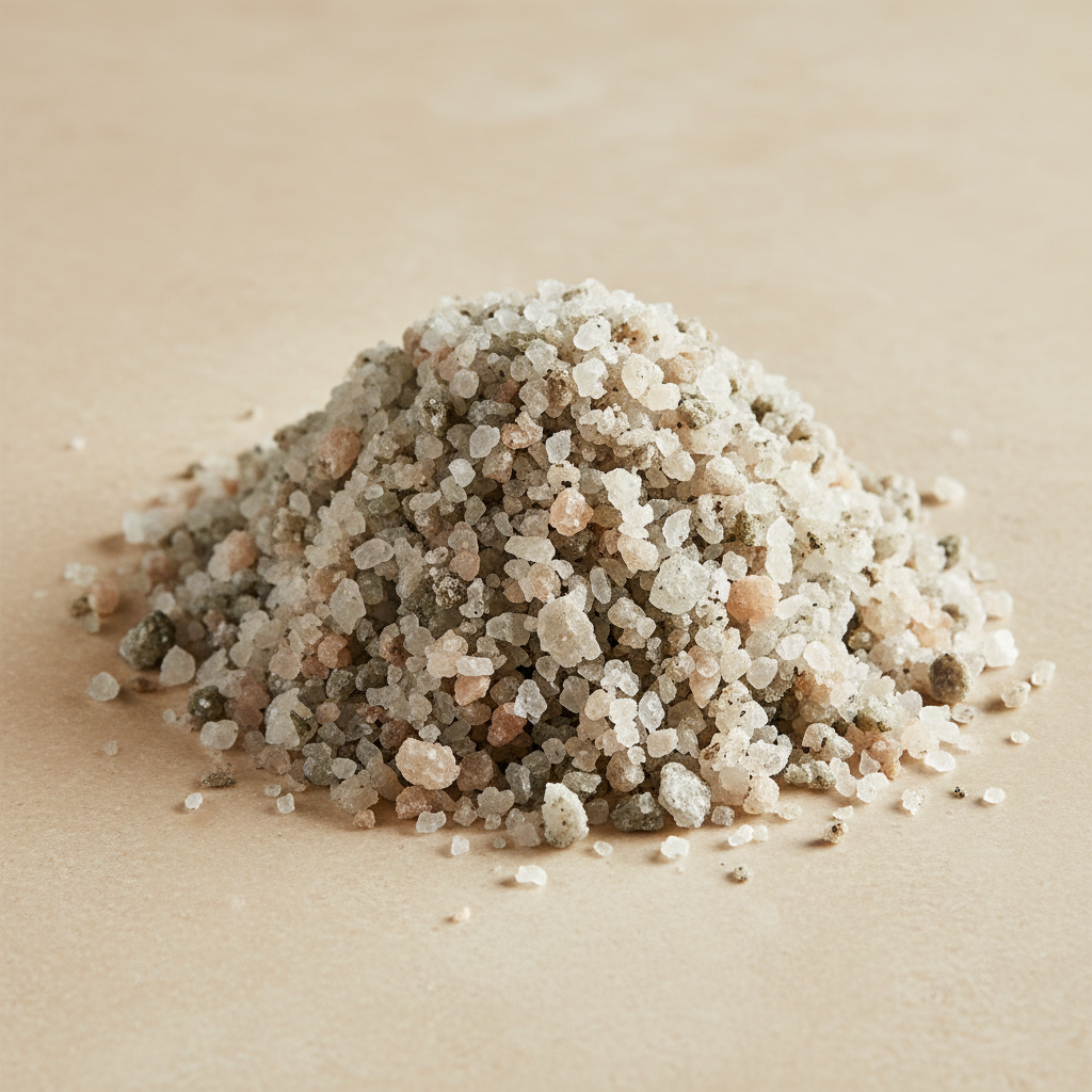 Moist French grey sea salt with irregular stone-grey, beige and cloudy white crystals