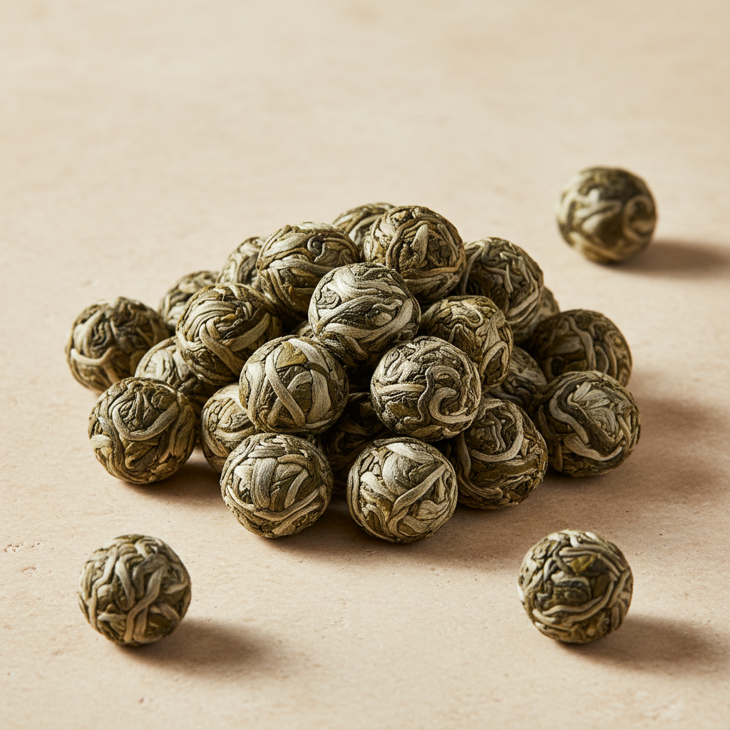 Organic jasmine green tea leaves and silvery buds hand-rolled into tight pearls