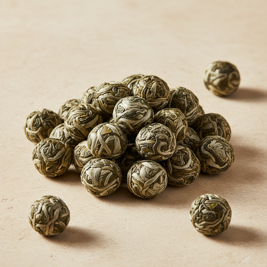 Organic jasmine green tea leaves and silvery buds hand-rolled into tight pearls