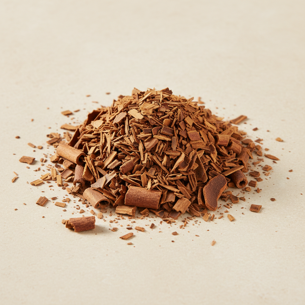 Organic Korintje cinnamon bark chopped into quarter-inch cut-and-sifted pieces