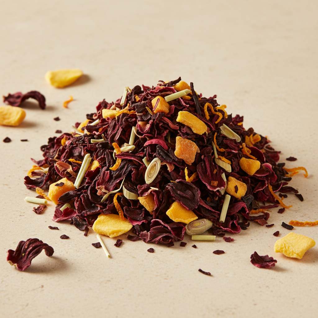 Mango Sunset herbal tisane with dried mango, hibiscus, orange peel and lemongrass