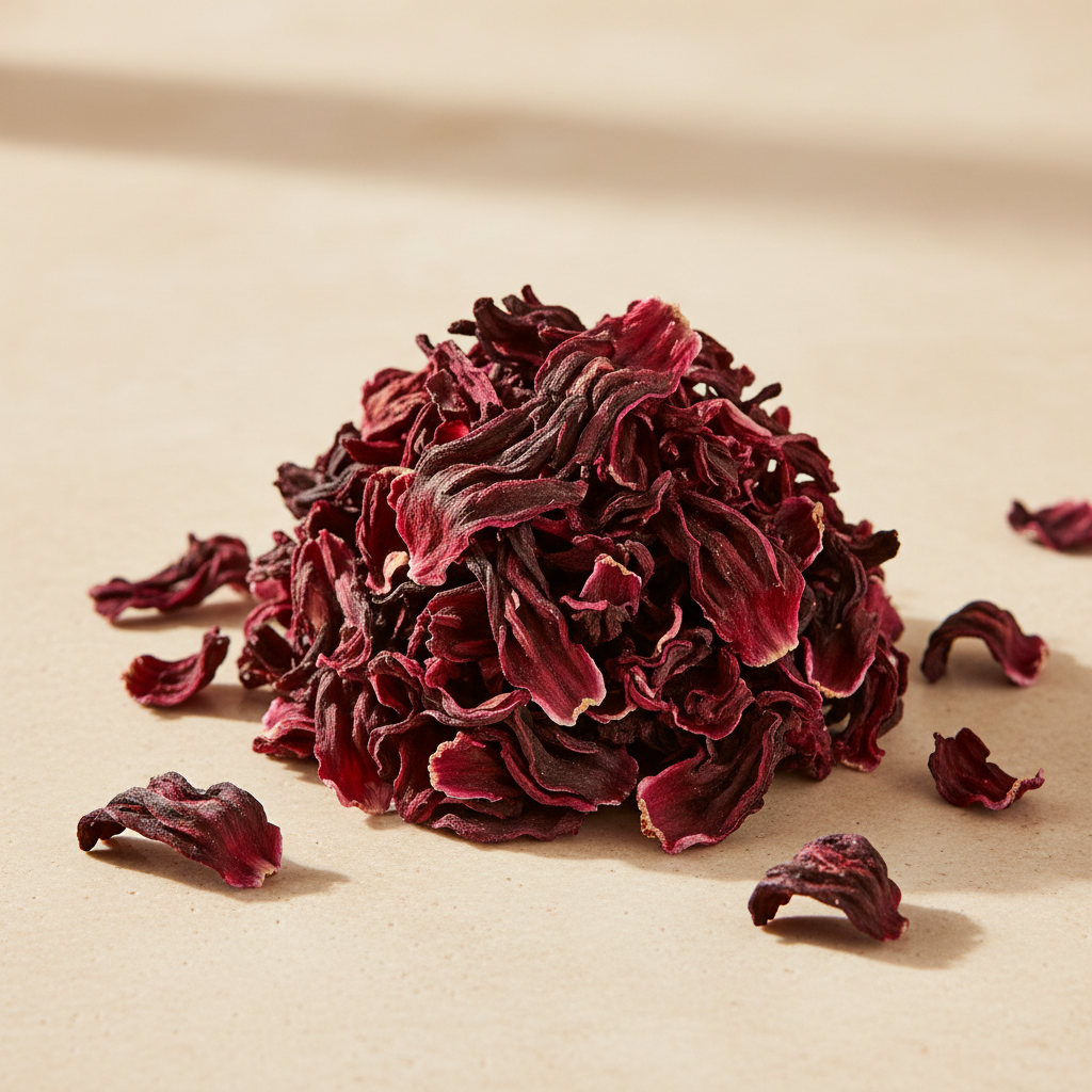 Loose dried hibiscus flower calyces and petals in deep crimson and burgundy tones
