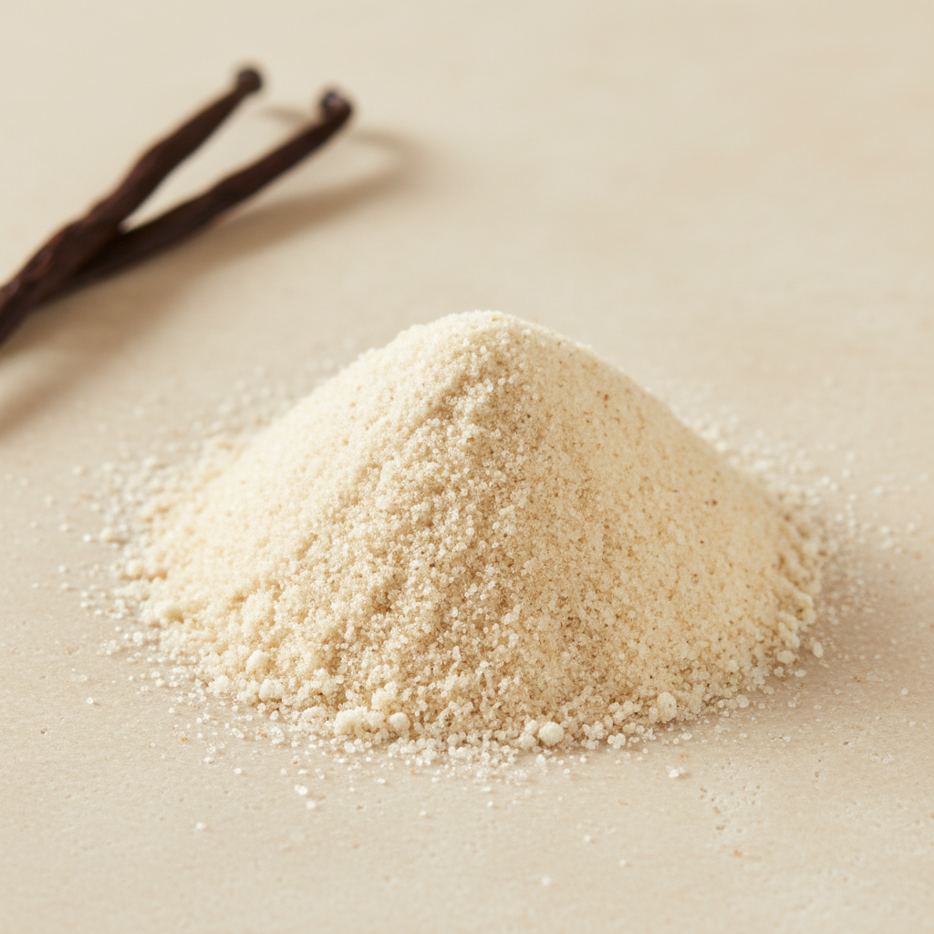 Pale organic vanilla extract powder with subtle vanilla bean flecks