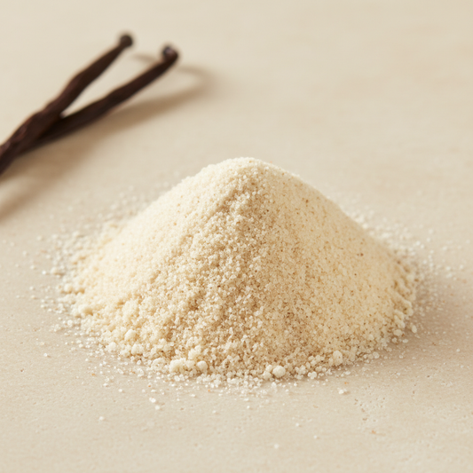 Pale organic vanilla extract powder with subtle vanilla bean flecks