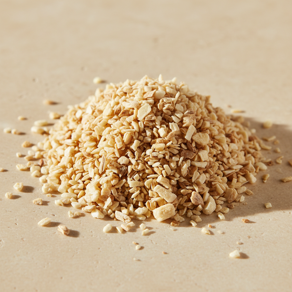 Organic minced dried garlic with coarse pale ivory and toasted beige pieces