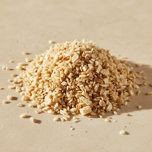 Organic minced dried garlic with coarse pale ivory and toasted beige pieces