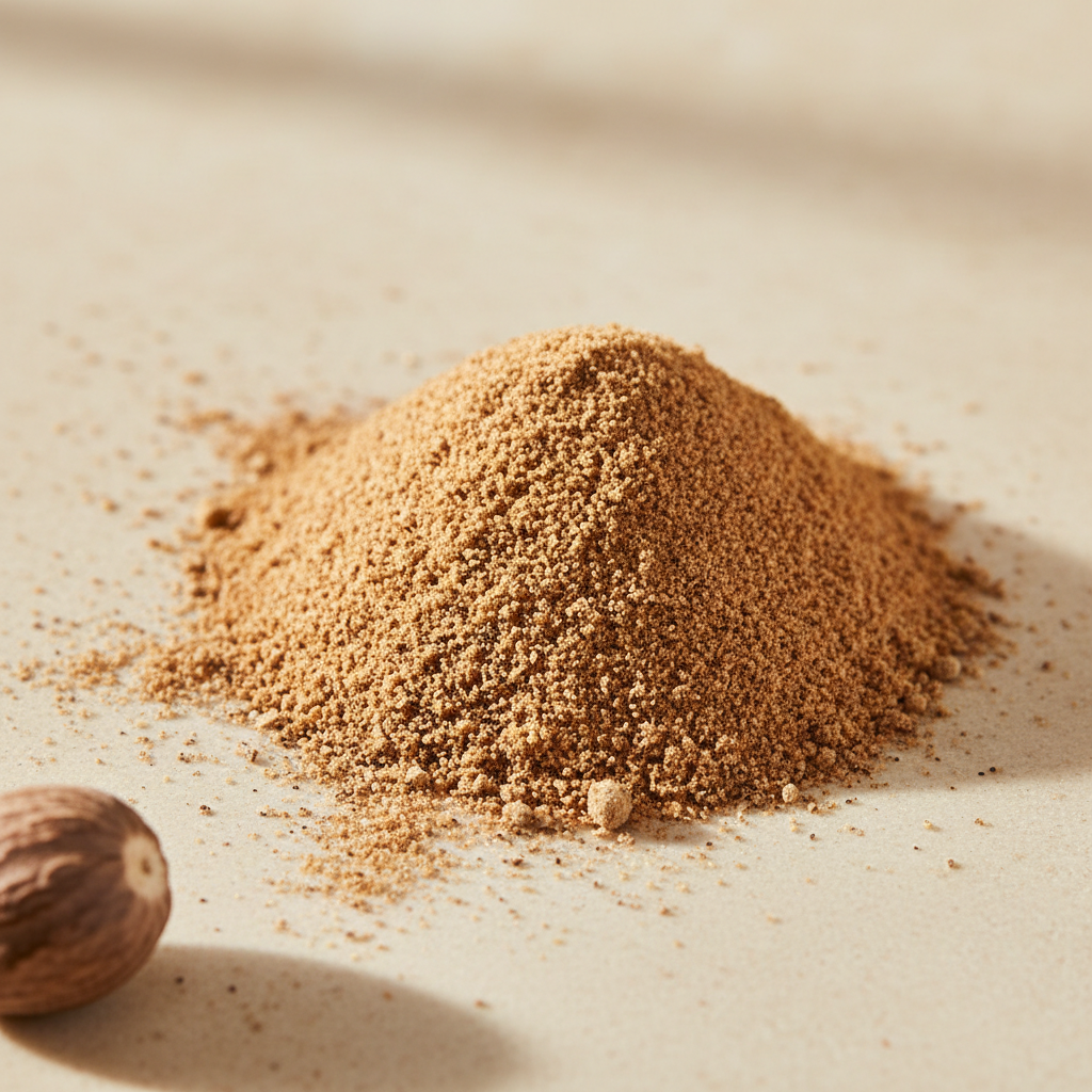 Organic ground nutmeg powder in warm tan-brown tones on an ivory stone surface