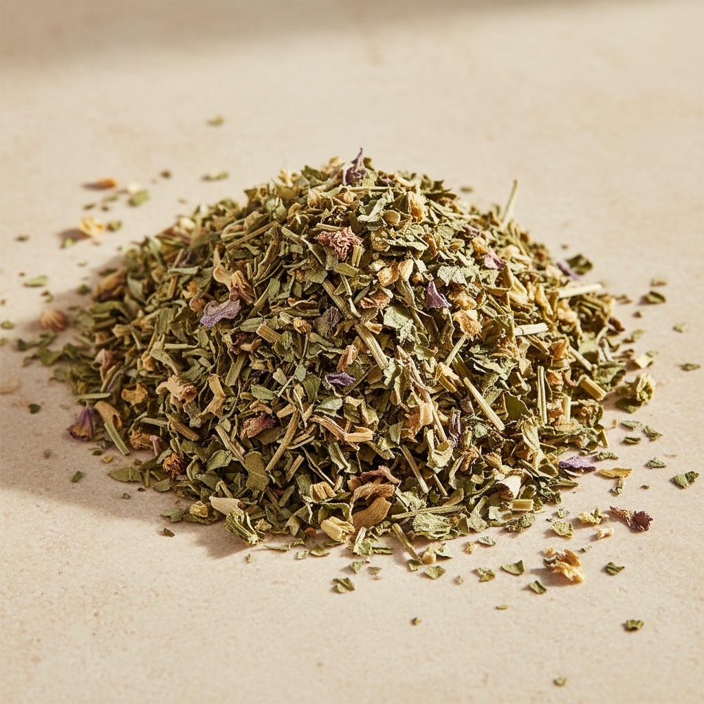 Organic cut-and-sifted Echinacea purpurea aerial herb with green leaves, stems and flower fragments