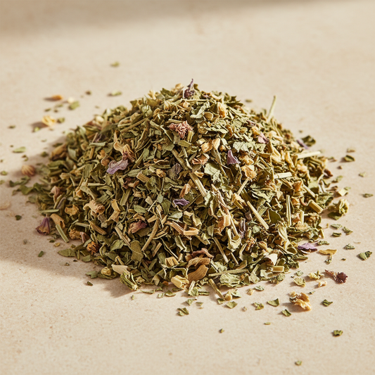 Organic cut-and-sifted Echinacea purpurea aerial herb with green leaves, stems and flower fragments