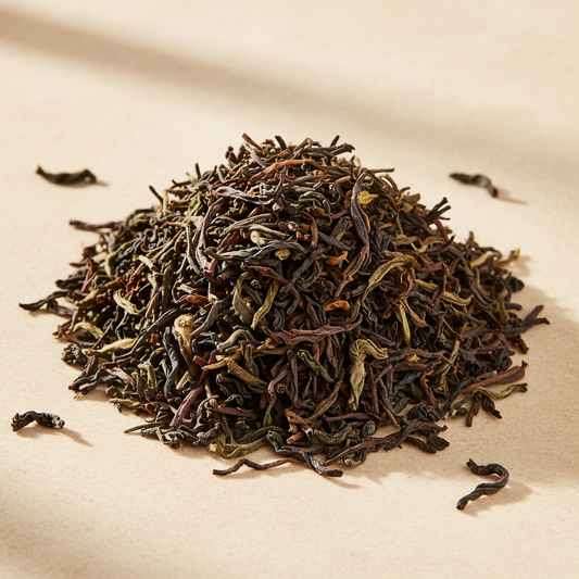 Organic Yunnan pu’erh white tea with dark brown, mahogany and muted olive loose leaves