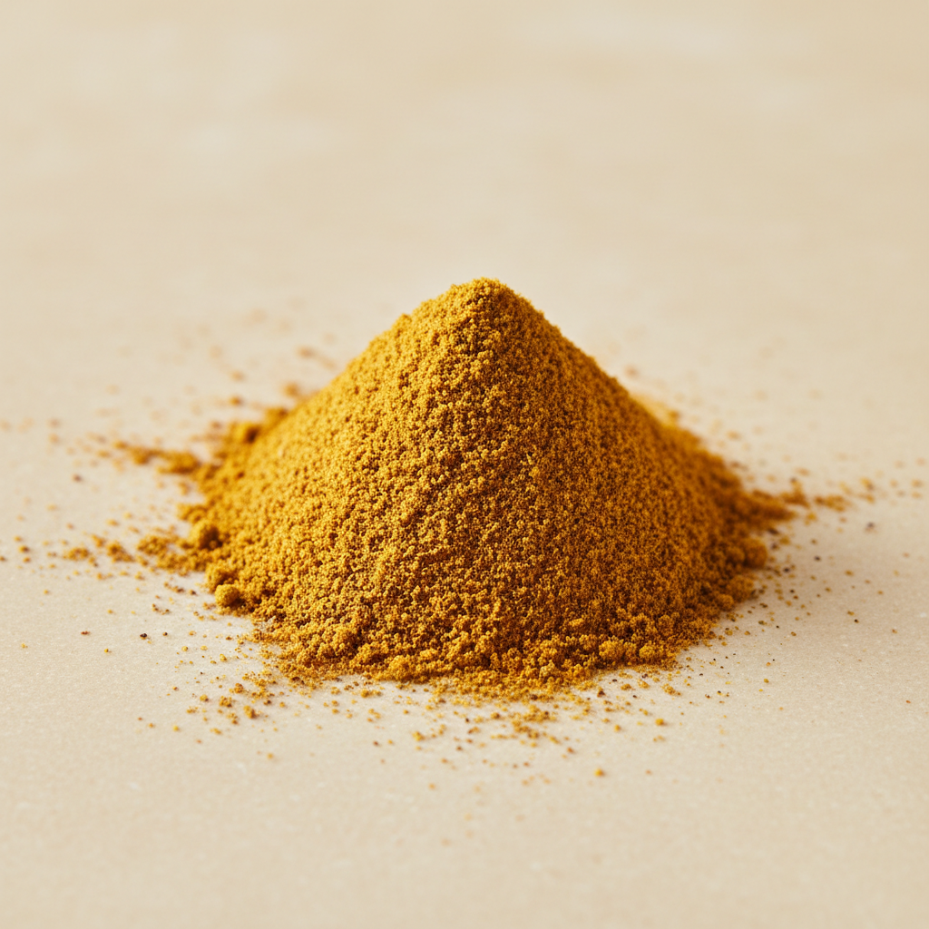 Golden organic curry powder with warm ochre color and fine ground texture