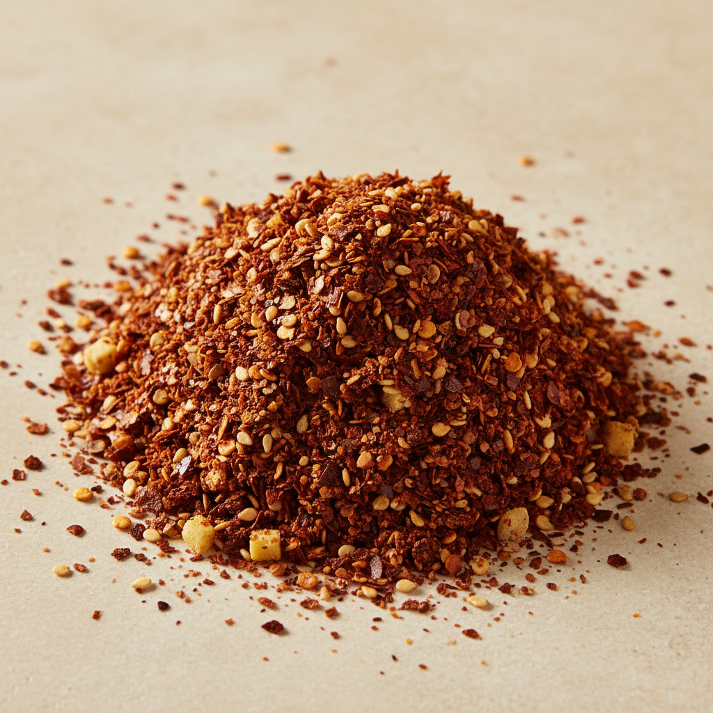 Coarse Korean-inspired red chile seasoning with sesame seeds, garlic and ginger