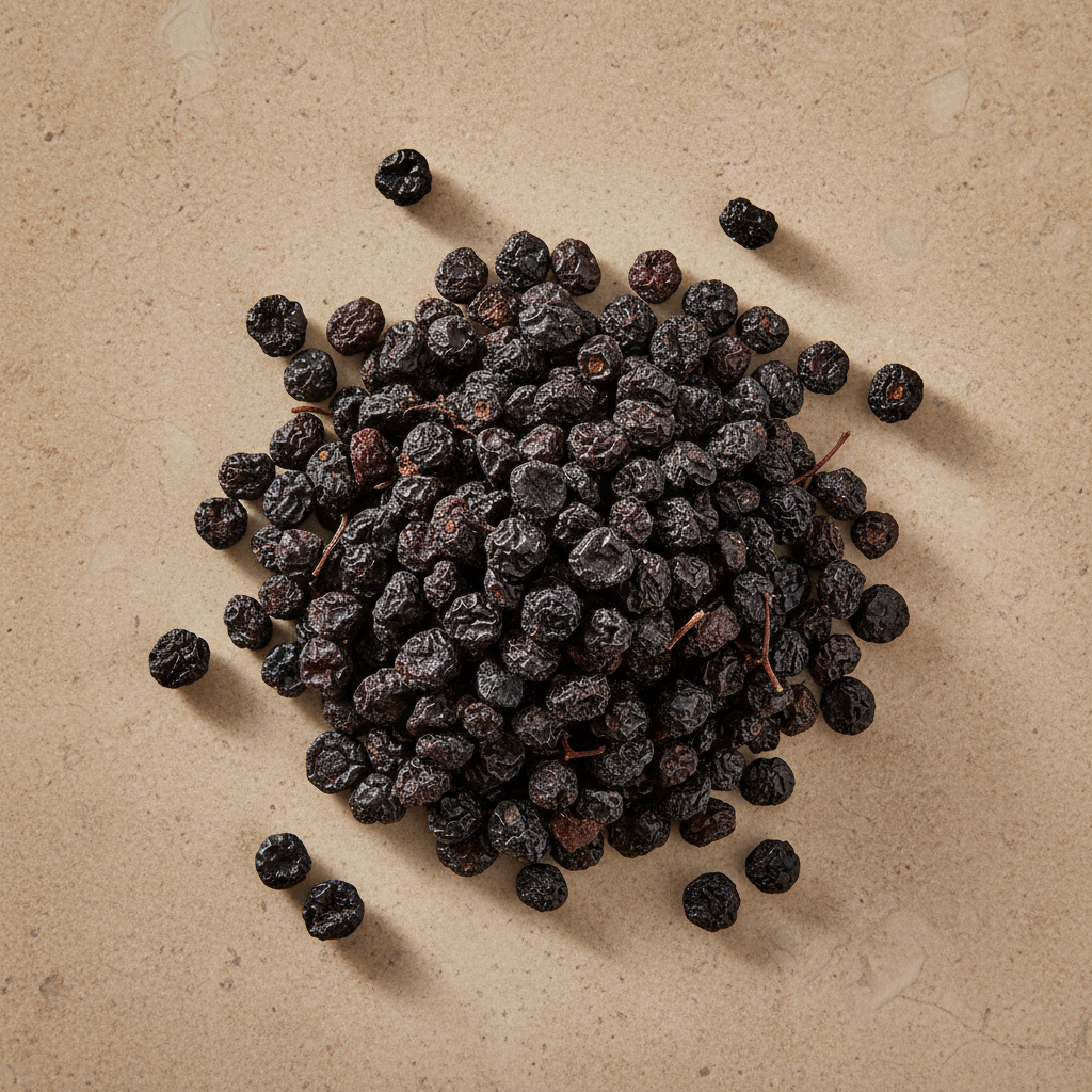 Whole dried wildcrafted elderberries with wrinkled dark purple-black skins