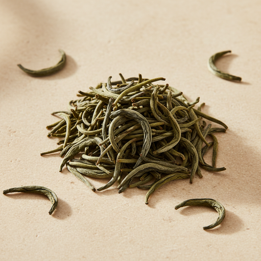 Organic Chunmee green tea with slender curved eyebrow-shaped loose leaves